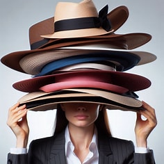 Woman with many hats on her head